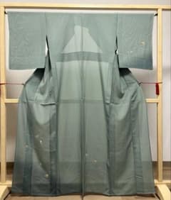 G 美品 夏物 松ぼっくり模様 薄緑色 正絹 付下げ 薄物 絽 紗 着物 77 