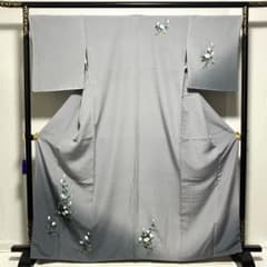 D73 訪問着 花模様 グレー 丹後縮緬 正絹着物 袷 しつけ糸付き未使用極
