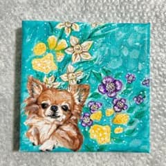 チワワと花のアクリル絵画　キャンバス仕様のサムネイル