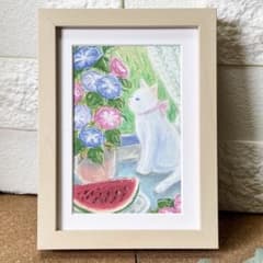 36. 白猫と朝顔〜夏が運んできた贈りもの〜【額装原画】オイルパステル