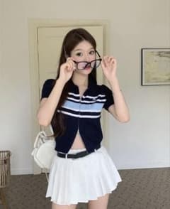 ネイビー ボーダー ジップアップ 半袖ニットのサムネイル