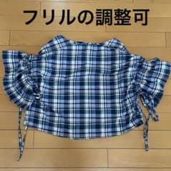 半袖 ブラウス　チェック柄 フリル袖　クシュクシュのサムネイル