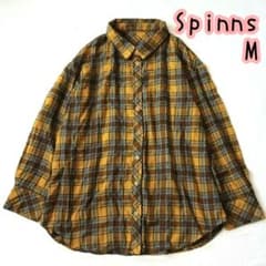 Spinns フランネルシャツ 長袖 チェック柄 マスタード×ブラウン系 M