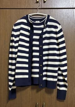 【中古】イエナ アンサンブル カーディガン 五分袖ニット ボーダー