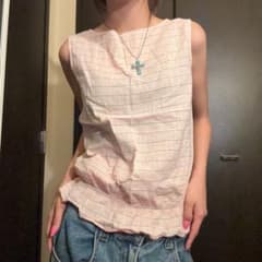淡色 ボーダー コットンノースリーブ トップス ピンク ガーリー y2k 夏服のサムネイル