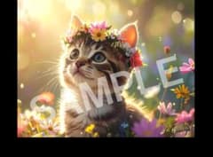 お気に入り♪猫 花冠 アートプリントA4 オリジナル 花畑 ふんわり インテリアのサムネイル