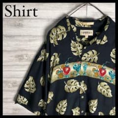 アロハシャツ☆レーヨン☆柄シャツ☆総柄☆リーフ☆ヴィンテージ☆90s☆XL☆黒のサムネイル