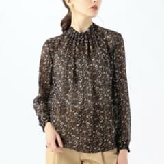 36sizeシルクツートーンリーフプリントネックタックブラウス