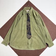 ネクタイシャツ コーデュロイ 長袖シャツ オリーブ 色 ネクタイ 総柄 シルク