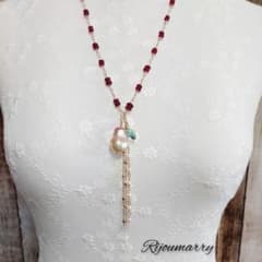 No.188 14kgf✧*。ルベライトトルマリンとパールのネックレスのサムネイル