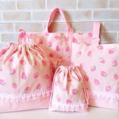 ハンドメイド☆ピンクいちご☆入園入学④点セット☆イチゴミルク