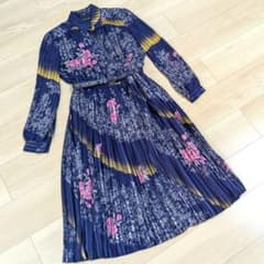 70s ヴィンテージ 昭和レトロ ワンピース 長袖 プリーツ 花柄 紺 美品のサムネイル