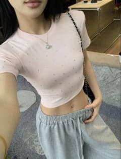 ラインストーン付き クロップド丈 半袖Tシャツ ピンクのサムネイル