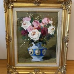 油彩画 薔薇 花瓶 C.Saito サイン有 額装　斉藤　要 油彩画 薔薇 花瓶 C.Saito サイン有 額装 斉藤 要 | Mercari
