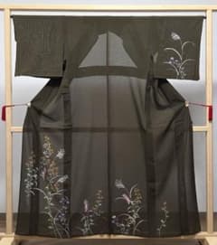 F◆着物くつろぎ 夏物 季節の花々 金彩 海松茶色 正絹 訪問着 着物 F◇着物くつろぎ 夏物 季節の花々 金彩 海松茶色 正絹 訪問着 着物