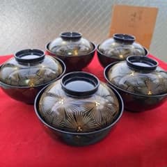 輪島塗 御吸物椀×5客】布着本堅地 亀甲松