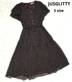 美品 JUSGLITTY ドット ウエストリボン フレア ロングワンピース S