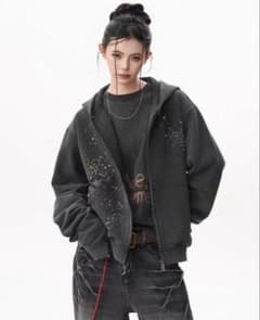 RHINESTONE DAMAGED ZIPPED HOODIE GEEKのサムネイル
