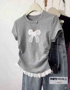 ♡リボンレース装飾 半袖Tシャツ グレー♡のサムネイル