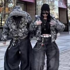 韓国風 迷彩 ファージャケット コート 中綿アウター 秋冬 Y2K グランジ