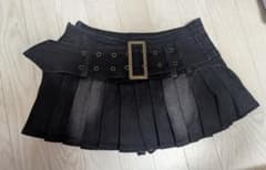 ベルト付き ブラック プリーツ デニム ミニスカートのサムネイル