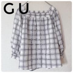 GU チェック柄ブラウス M ホワイト×ブラック オフショル風 七分袖フェミニンのサムネイル