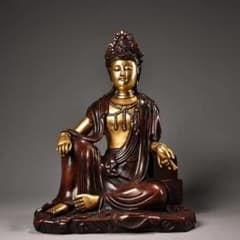 中国古美術・旧蔵純赤銅製坐観音菩薩像・鏨刻鎏金錾花・高浮彫・置物