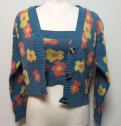 【美品】GRL 花柄 ニットカーディガン キャミソール セット M ブルー