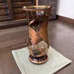 アンバー ガラス花瓶 フラワーベース 金彩 花柄 高さ26cm
