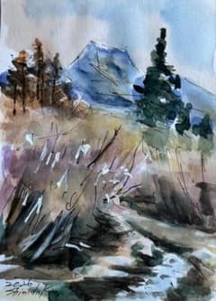 秋の小川 風景画 水彩画 原画 2L判フレーム付きのサムネイル
