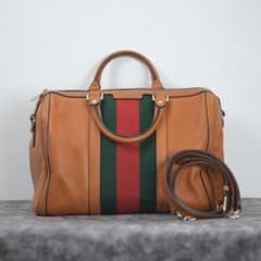 Gucci ハンドバッグ キャメル 緑赤ストライプ　２WAYバッグのサムネイル