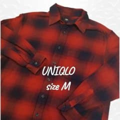 ユニクロ フランネルオンブレチェックシャツ メンズ M レッド×ブラック 長袖