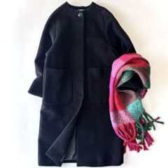 美品 スローブイエナ SLOBE IENA ノーカラーウールコート ネイビー 