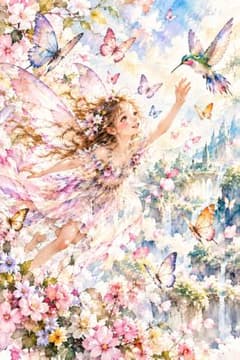 妖精 004　妖精と蝶とハチドリのアートポスター インテリア - 2