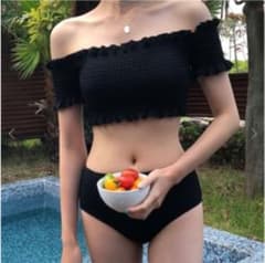 レディース 水着 ビキニ オフショル シャーリング タンキニ ブラック Mのサムネイル