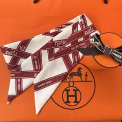 HERMES エルメス ツイリー ボルデュック リボン柄 ボルドー×アイボリー