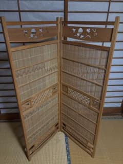 昭和レトロ】2連衝立 竹すだれ 屏風 木製パーテーション 和風 間仕切り