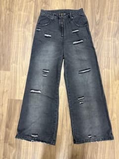 ダメージ加工 ワイドデニムパンツ ブラックのサムネイル