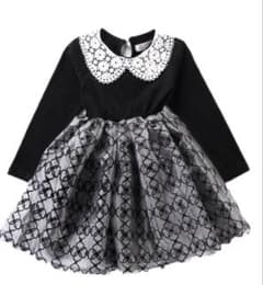 レース襟付き黒グレーフレアドレス