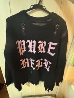 PURE HELL ダメージ加工 ニット 長袖 ブラック ピンクのサムネイル