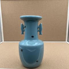 飛青磁 両耳魚飾り 花瓶 花器 青磁 とべ焼 栖山窯 砥部焼 花入れ