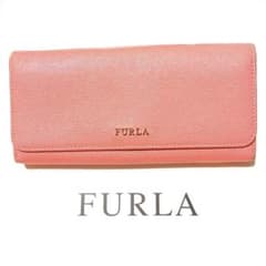 FURLA フルラのショッキングピンク色の 本革 レザー ゴールドロゴの長財布