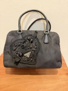 PRADA プラダ ビジュー装飾 ナイロン ハンドバッグ ブラックのサムネイル