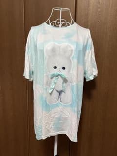 うさぎプリント 半袖Tシャツ 水色 リボン付きのサムネイル
