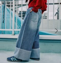 ニコアンド★ ステッチデニムワイドパンツ インディゴ Lサイズのサムネイル