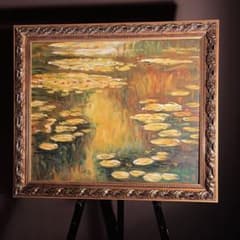 ☆秀作☆手描き油絵 クロード・モネ 睡蓮 黄金色 額付 肉筆絵画 油彩画