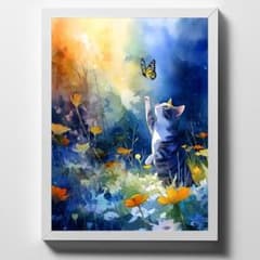 蝶々を見つめる可愛い子猫 ヴィンテージ ステンドグラス お花畑 絵画 美術館 A4 愛らしい猫と蝶々 アートポスター 水彩タッチ 幻想的な花畑