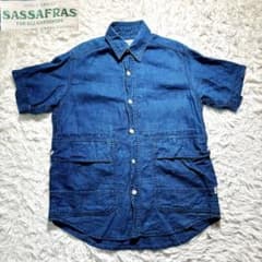 【美品】SASSAFRAS デニムシャツ　半袖　リネン　M 春夏　インディゴ 美品】SASSAFRAS デニムシャツ 半袖 リネン M 春夏 インディゴ - メルカリ