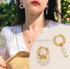 2way アシンメトリー パール 18k ゴールド チャンキー フープピアス