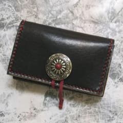 【財布】コンチョ付 黒 ヌメ革 マチ付 ハンドメイド レザークラフトのサムネイル